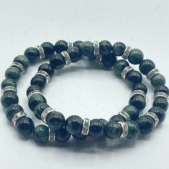 Kambaba jasper green black rhinestone bling beaded stretch bracelet ONE NEW crys - Picture 2 of 7